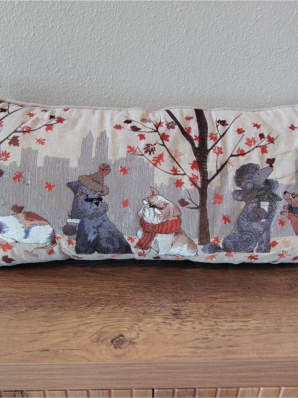 Pier 1 Fall Theme Puppy Dog Pillow Lumbar Stitched Tree Leaves Bulldog 22”